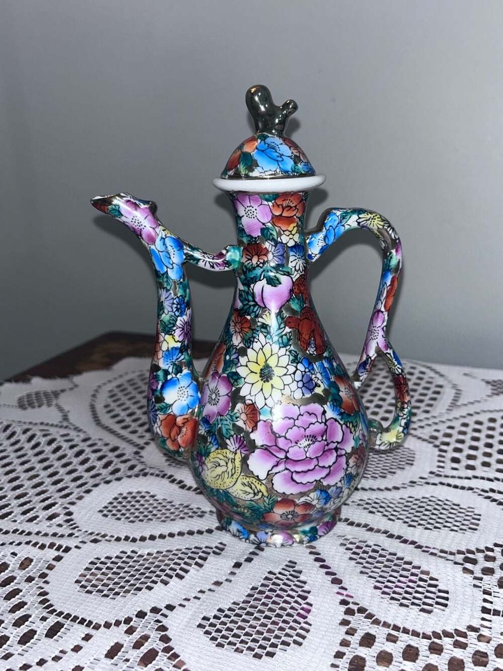 Vintage Chinese Famille Rose Mille Fleur Porcelain Ewer/Tea Pitcher